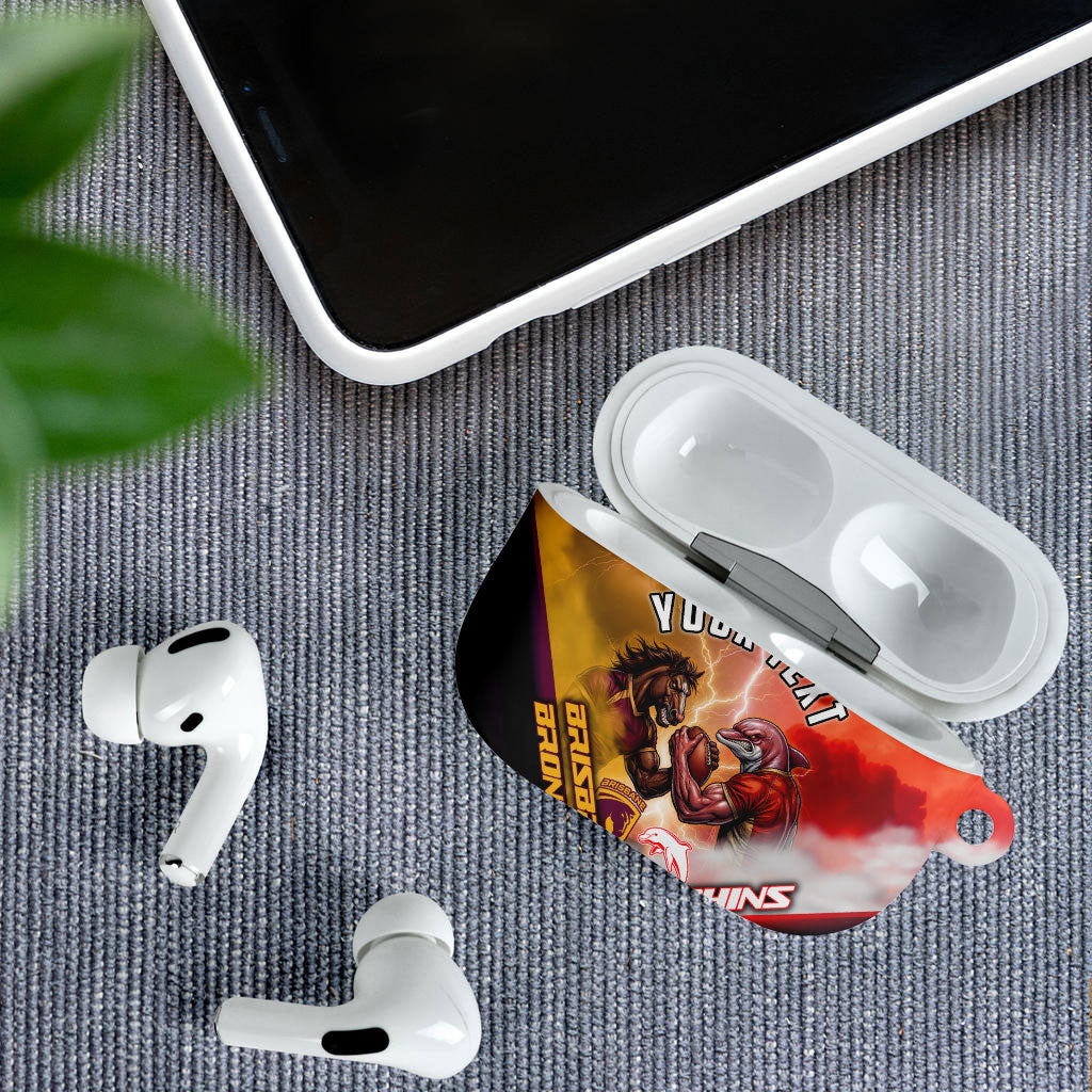 Personalized Brisbane Broncos vs Dolphins AirPods Case Battle Epic Lightning Storm Mascot