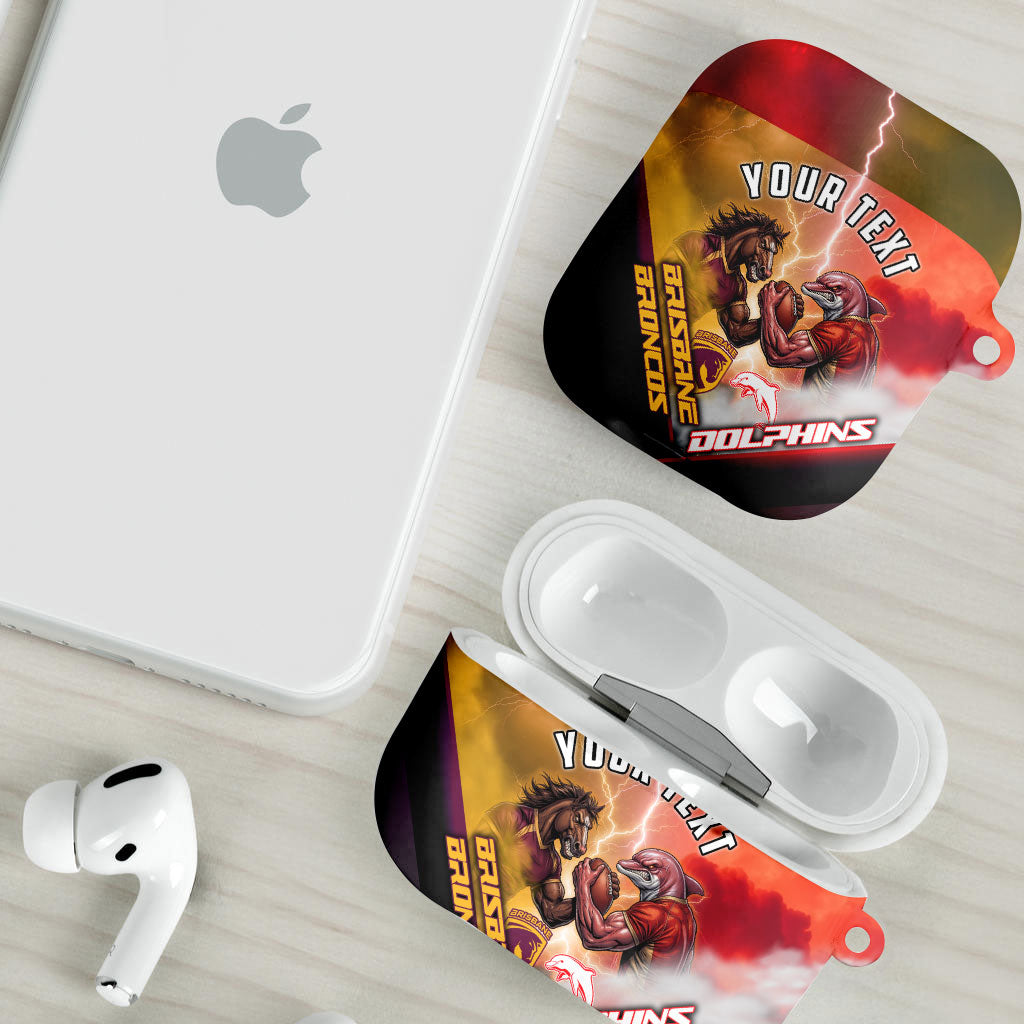 Personalized Brisbane Broncos vs Dolphins AirPods Case Battle Epic Lightning Storm Mascot
