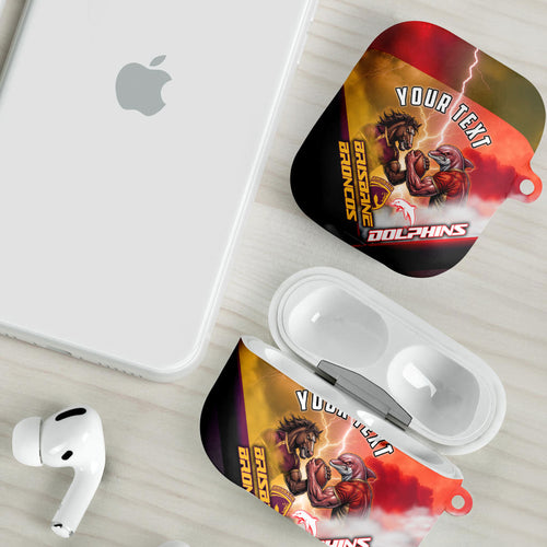 Personalized Brisbane Broncos vs Dolphins AirPods Case Battle Epic Lightning Storm Mascot