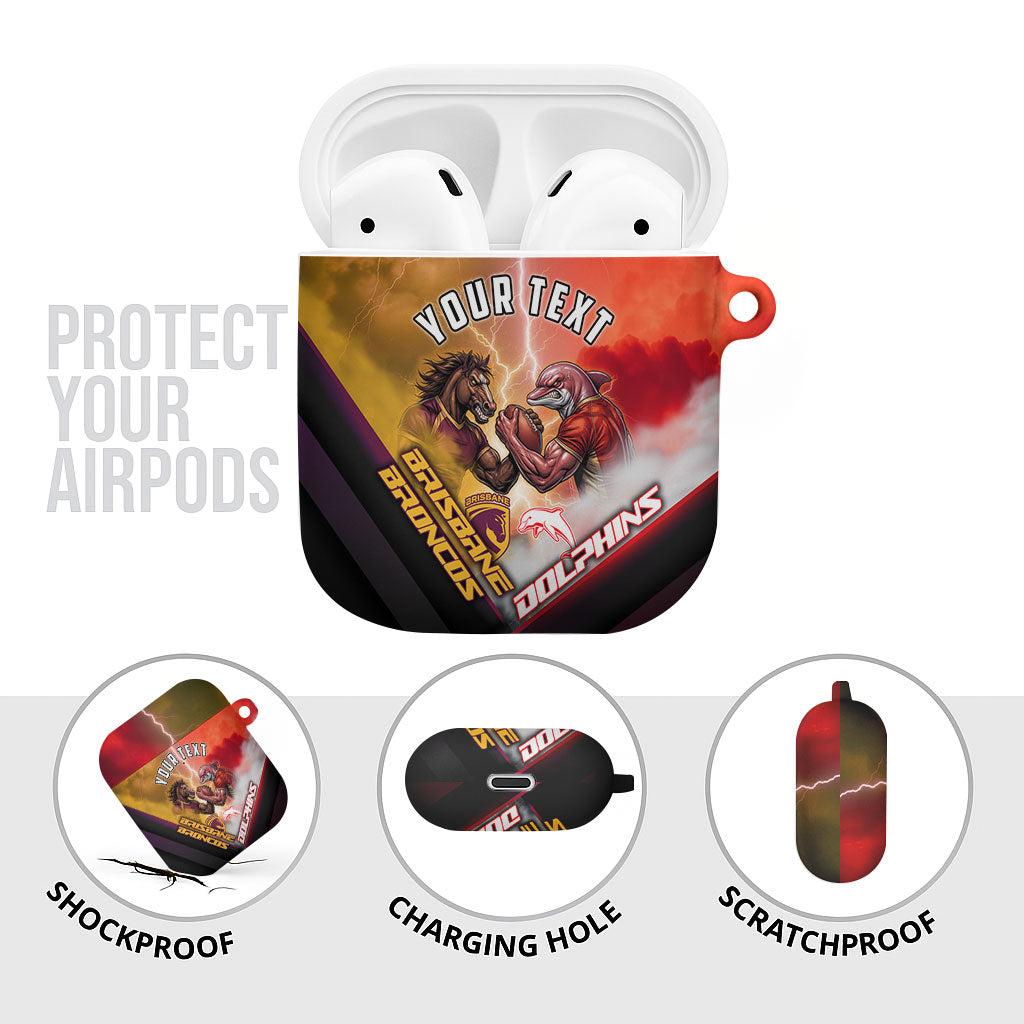 Personalized Brisbane Broncos vs Dolphins AirPods Case Battle Epic Lightning Storm Mascot