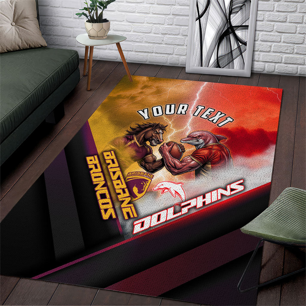 Personalized Brisbane Broncos vs Dolphins Area Rug Battle Epic Lightning Storm Mascot