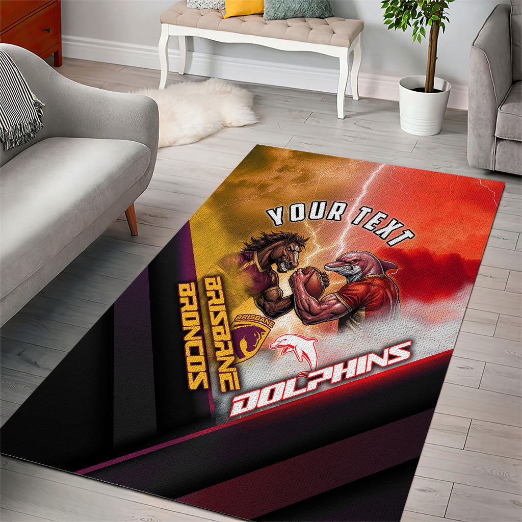 Personalized Brisbane Broncos vs Dolphins Area Rug Battle Epic Lightning Storm Mascot