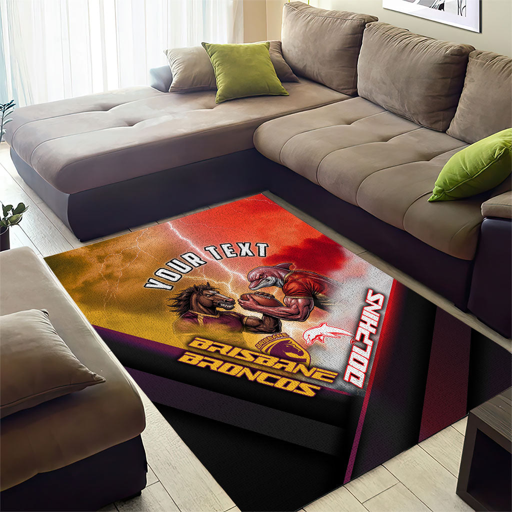 Personalized Brisbane Broncos vs Dolphins Area Rug Battle Epic Lightning Storm Mascot