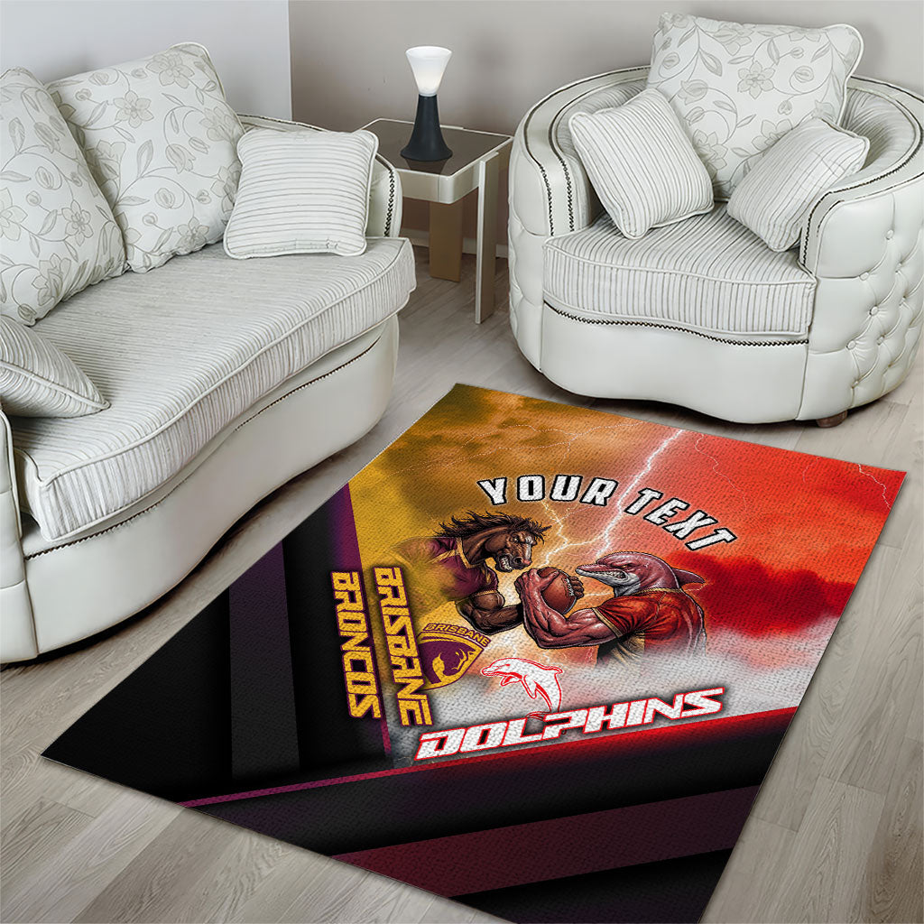 Personalized Brisbane Broncos vs Dolphins Area Rug Battle Epic Lightning Storm Mascot