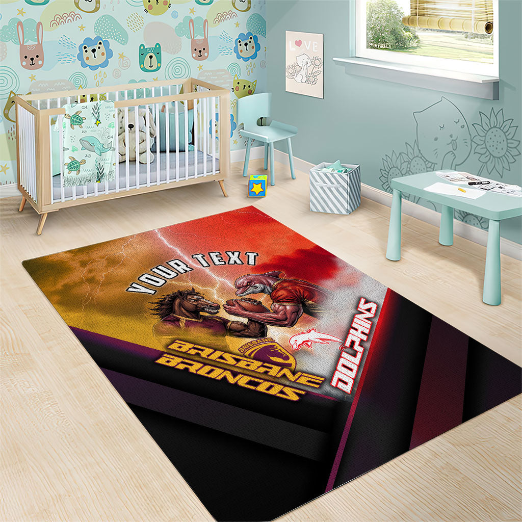 Personalized Brisbane Broncos vs Dolphins Area Rug Battle Epic Lightning Storm Mascot