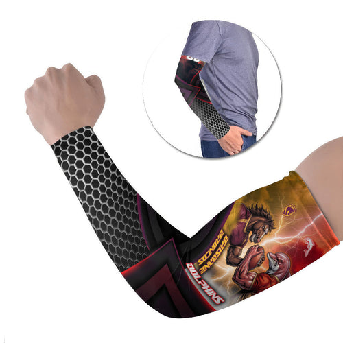 Personalized Brisbane Broncos vs Dolphins Arm Sleeves Battle Epic Lightning Storm Mascot