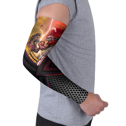 Personalized Brisbane Broncos vs Dolphins Arm Sleeves Battle Epic Lightning Storm Mascot