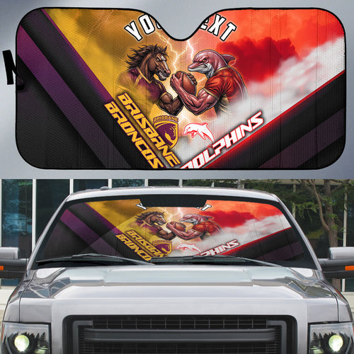 Personalized Brisbane Broncos vs Dolphins Auto Sun Shade Battle Epic Lightning Storm Mascot