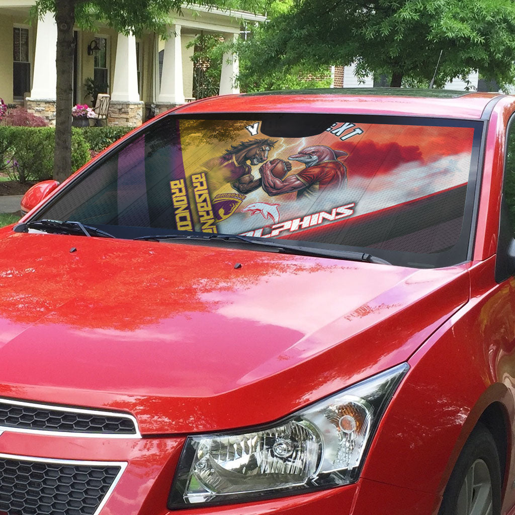 Personalized Brisbane Broncos vs Dolphins Auto Sun Shade Battle Epic Lightning Storm Mascot