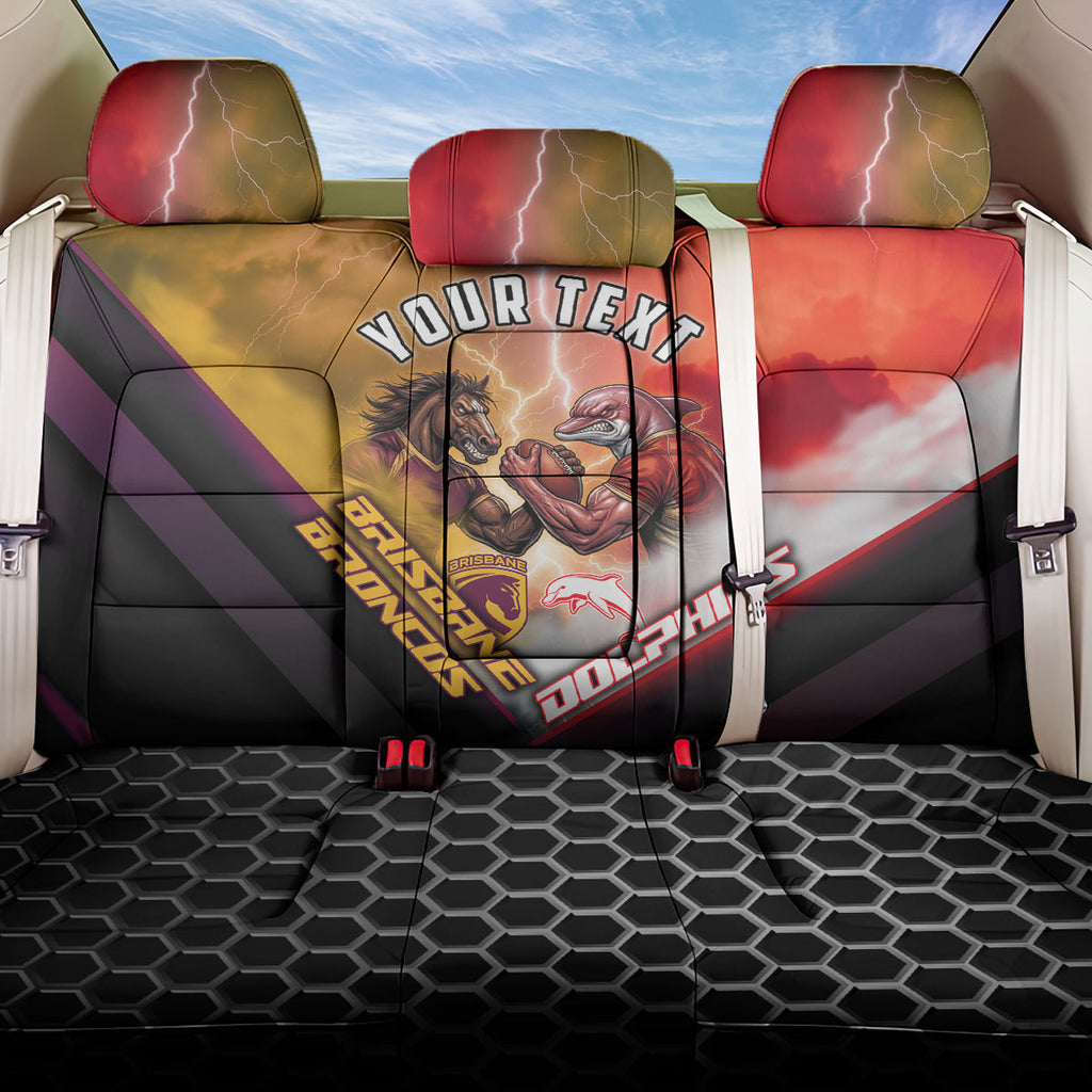 Personalized Brisbane Broncos vs Dolphins Back Car Seat Cover Battle Epic Lightning Storm Mascot