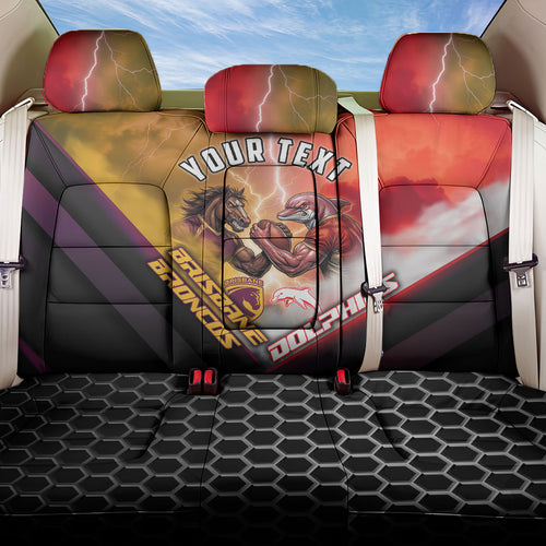 Personalized Brisbane Broncos vs Dolphins Back Car Seat Cover Battle Epic Lightning Storm Mascot