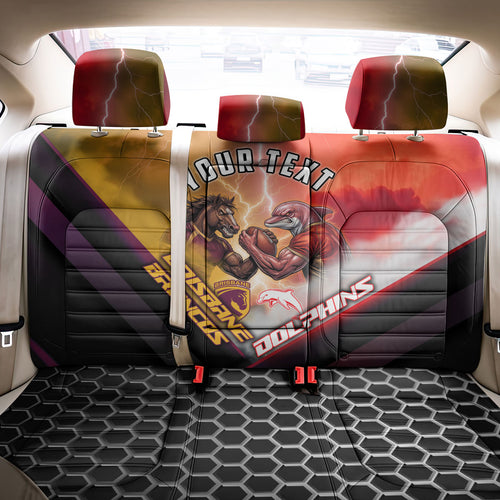 Personalized Brisbane Broncos vs Dolphins Back Car Seat Cover Battle Epic Lightning Storm Mascot