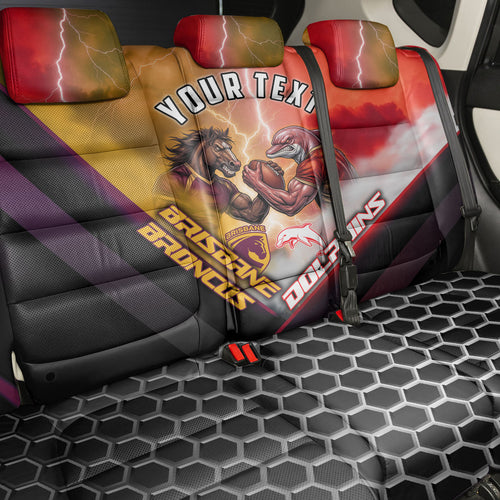 Personalized Brisbane Broncos vs Dolphins Back Car Seat Cover Battle Epic Lightning Storm Mascot