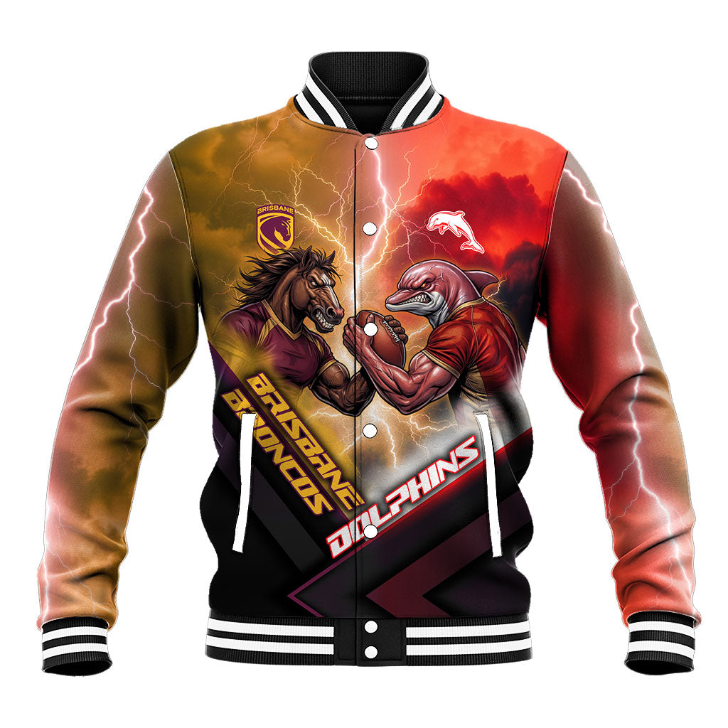 Personalized Brisbane Broncos vs Dolphins Baseball Jacket Battle Epic Lightning Storm Mascot