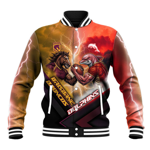 Personalized Brisbane Broncos vs Dolphins Baseball Jacket Battle Epic Lightning Storm Mascot