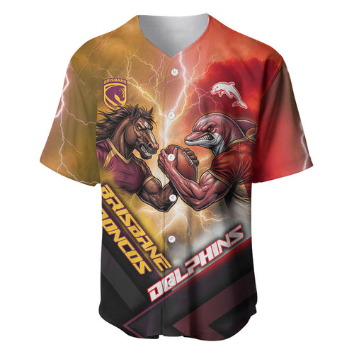 Personalized Brisbane Broncos vs Dolphins Baseball Jersey Battle Epic Lightning Storm Mascot