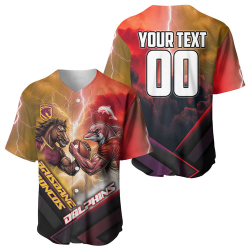 Personalized Brisbane Broncos vs Dolphins Baseball Jersey Battle Epic Lightning Storm Mascot