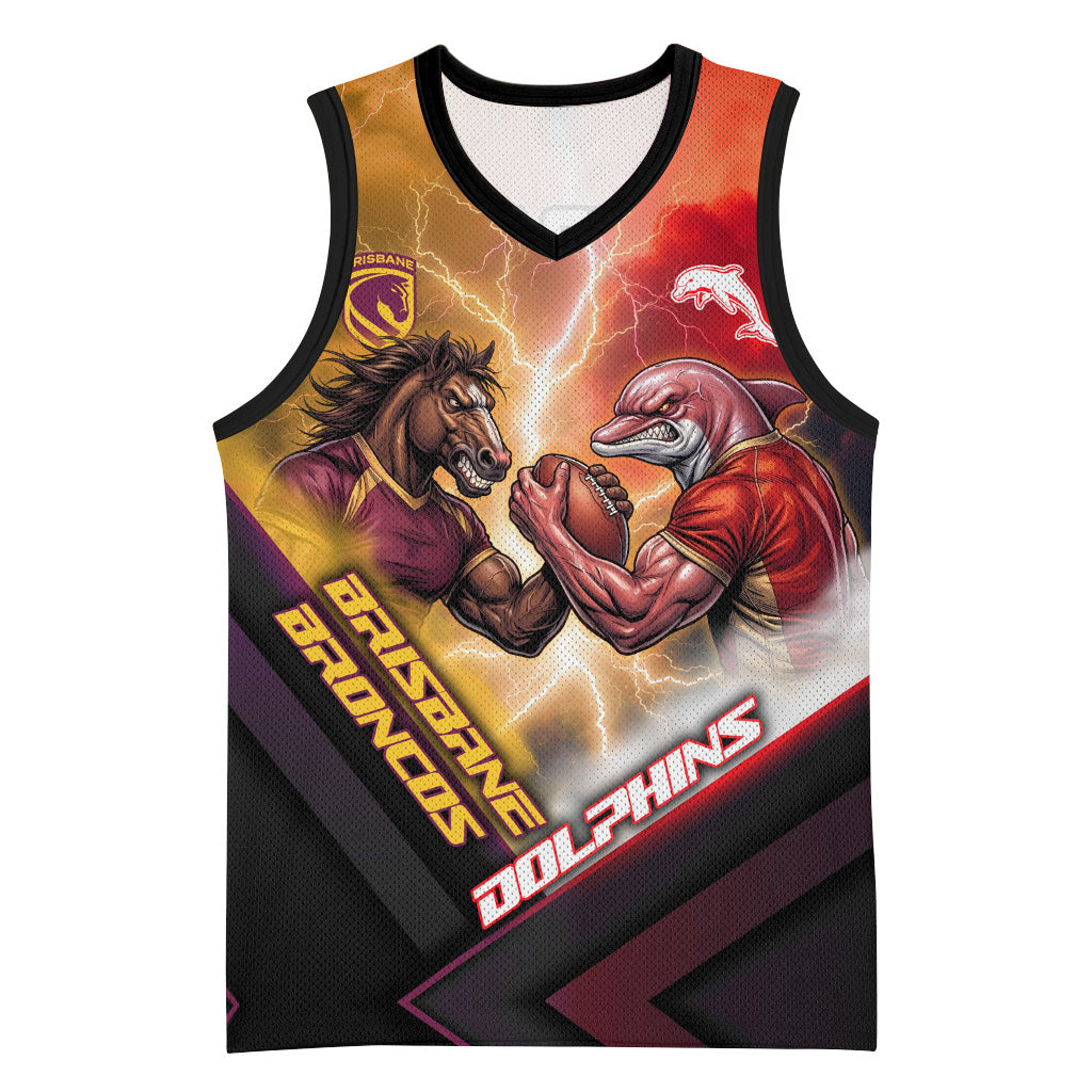 Personalized Brisbane Broncos vs Dolphins Basketball Jersey Battle Epic Lightning Storm Mascot