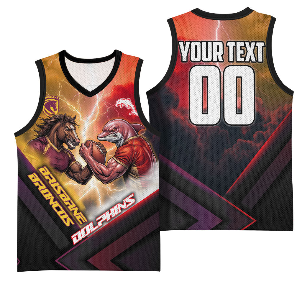 Personalized Brisbane Broncos vs Dolphins Basketball Jersey Battle Epic Lightning Storm Mascot