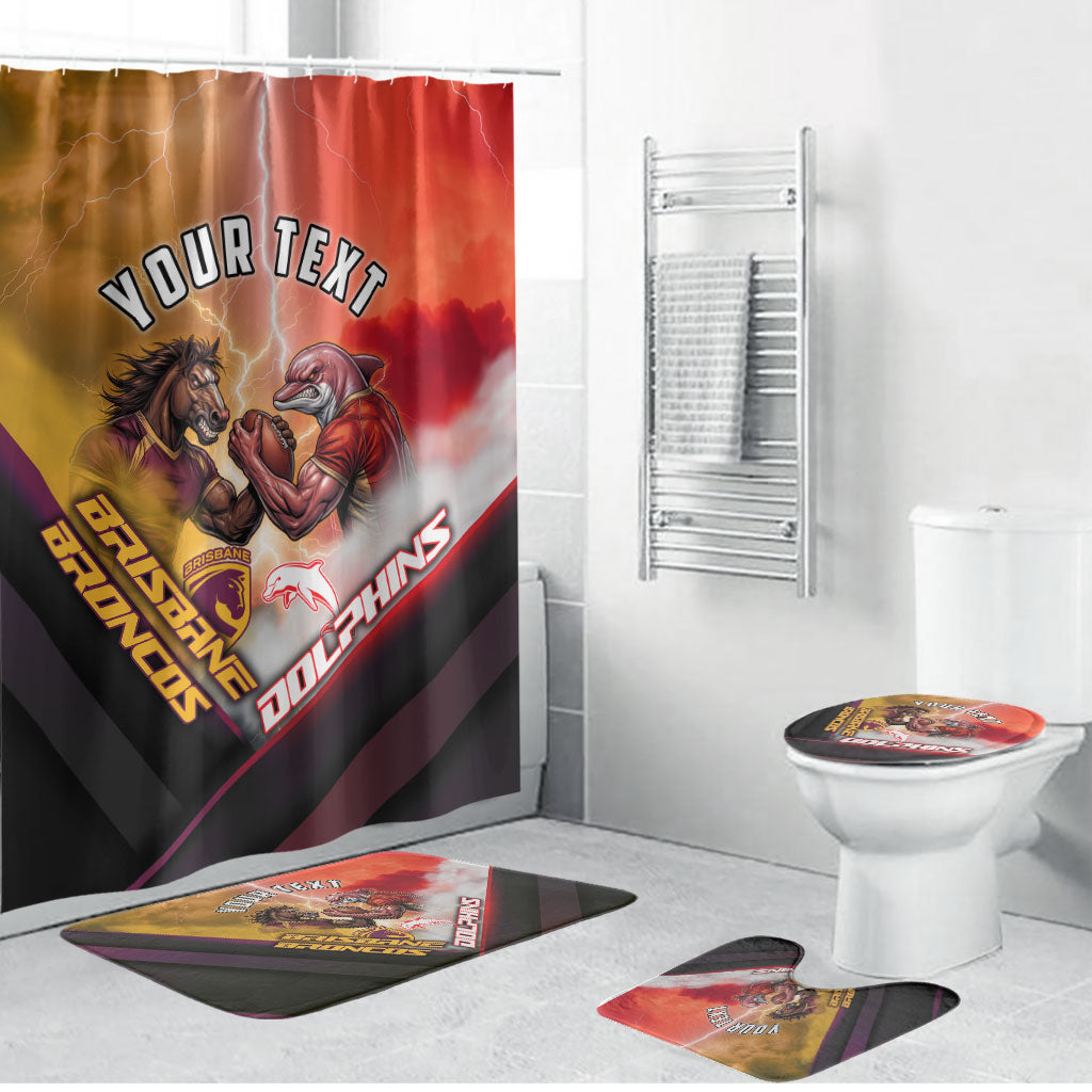 Personalized Brisbane Broncos vs Dolphins Bathroom Set Battle Epic Lightning Storm Mascot