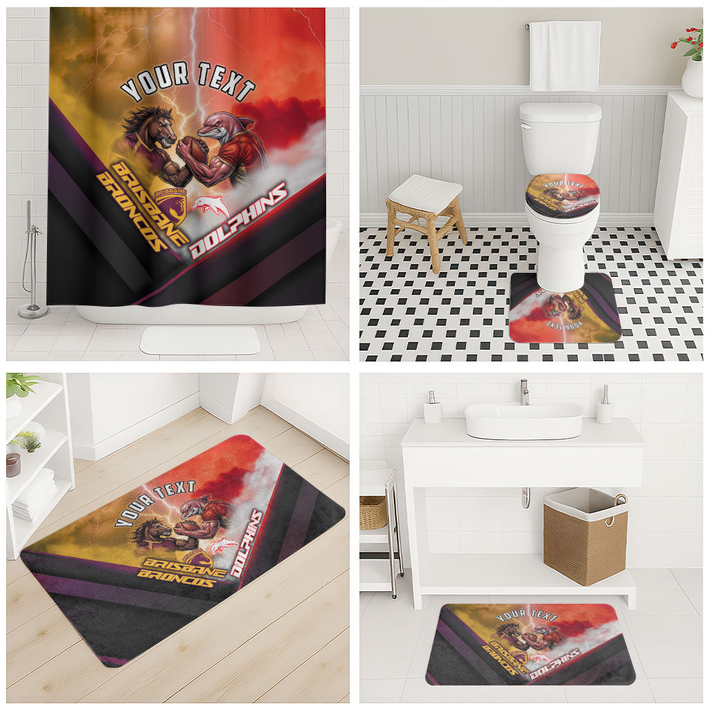 Personalized Brisbane Broncos vs Dolphins Bathroom Set Battle Epic Lightning Storm Mascot