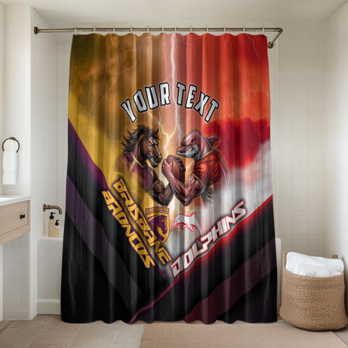 Personalized Brisbane Broncos vs Dolphins Bathroom Set Battle Epic Lightning Storm Mascot