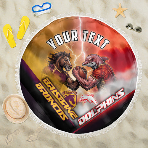 Personalized Brisbane Broncos vs Dolphins Beach Blanket Battle Epic Lightning Storm Mascot