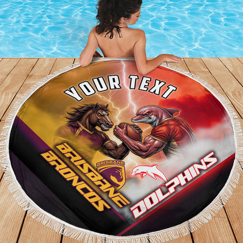 Personalized Brisbane Broncos vs Dolphins Beach Blanket Battle Epic Lightning Storm Mascot