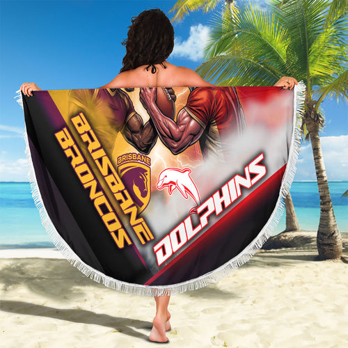 Personalized Brisbane Broncos vs Dolphins Beach Blanket Battle Epic Lightning Storm Mascot