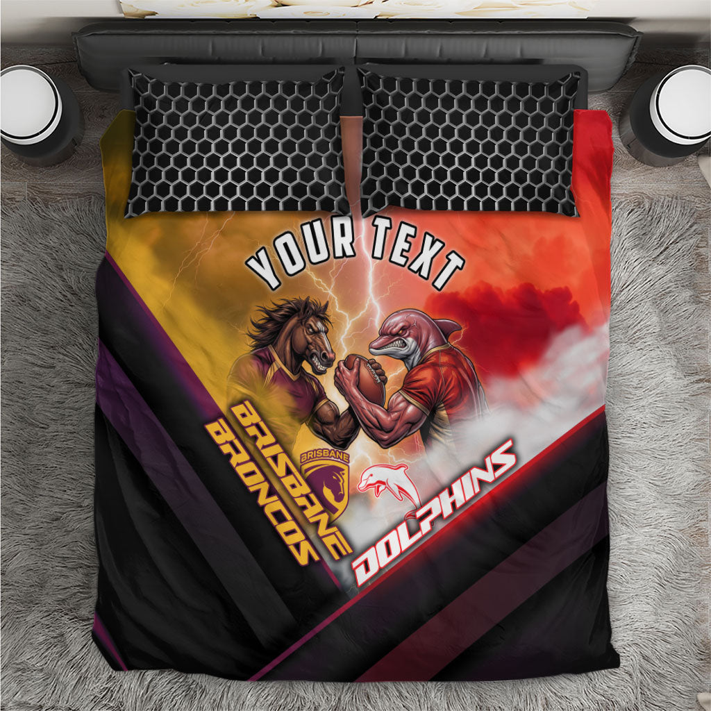 Personalized Brisbane Broncos vs Dolphins Bedding Set Battle Epic Lightning Storm Mascot
