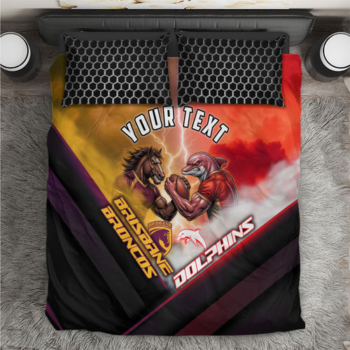 Personalized Brisbane Broncos vs Dolphins Bedding Set Battle Epic Lightning Storm Mascot