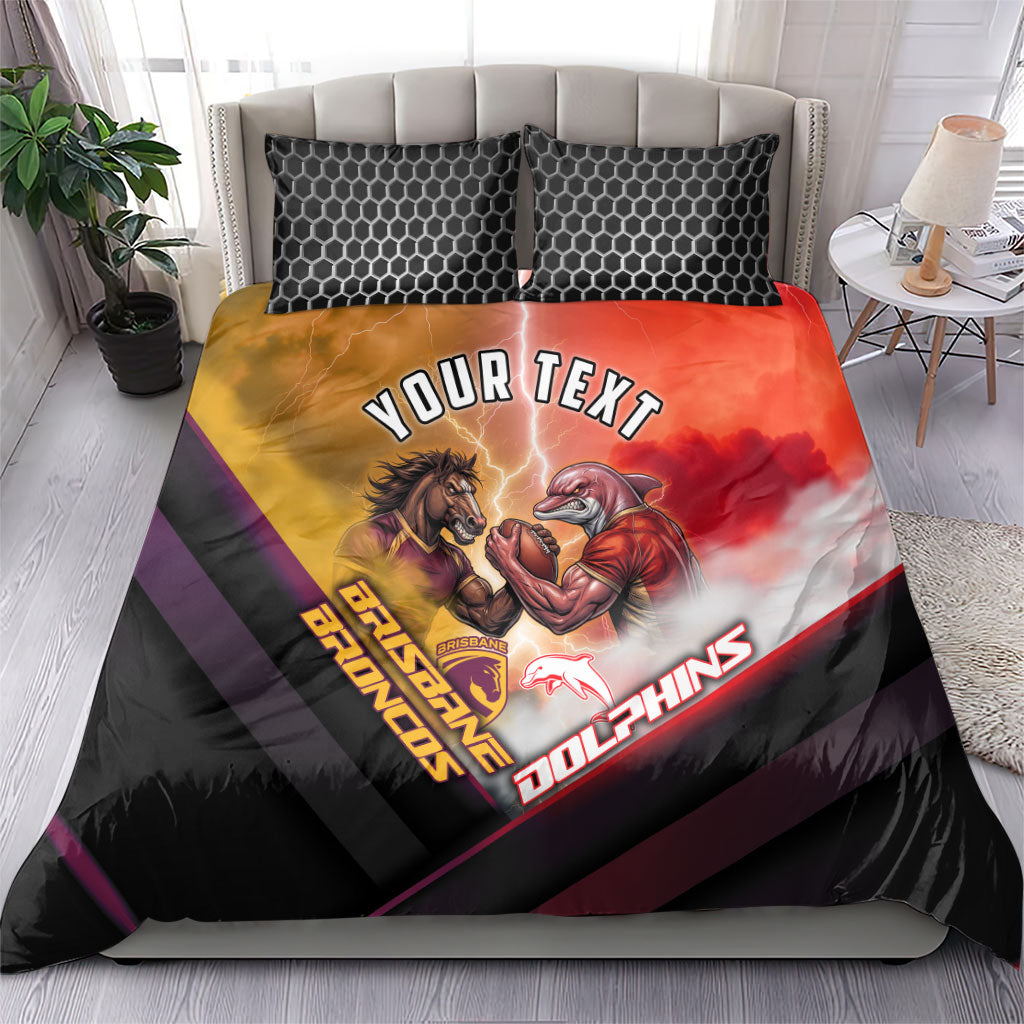 Personalized Brisbane Broncos vs Dolphins Bedding Set Battle Epic Lightning Storm Mascot