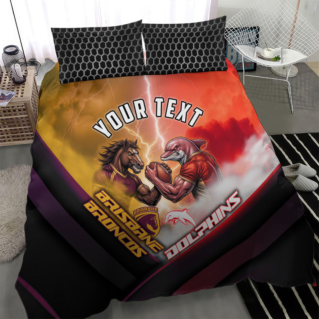 Personalized Brisbane Broncos vs Dolphins Bedding Set Battle Epic Lightning Storm Mascot