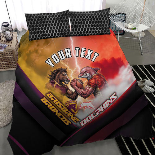 Personalized Brisbane Broncos vs Dolphins Bedding Set Battle Epic Lightning Storm Mascot
