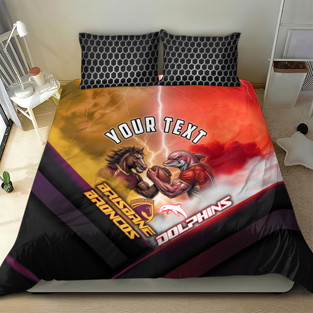 Personalized Brisbane Broncos vs Dolphins Bedding Set Battle Epic Lightning Storm Mascot