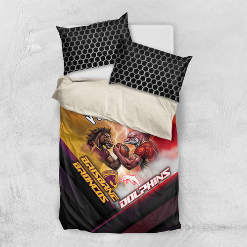 Personalized Brisbane Broncos vs Dolphins Bedding Set Battle Epic Lightning Storm Mascot