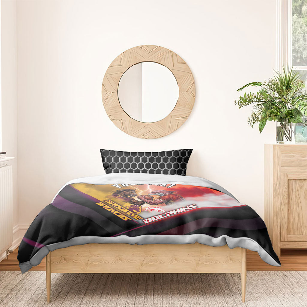 Personalized Brisbane Broncos vs Dolphins Bedding Set Battle Epic Lightning Storm Mascot