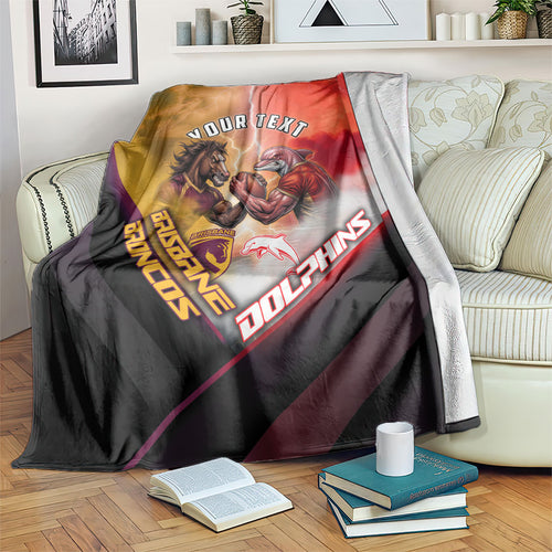 Personalized Brisbane Broncos vs Dolphins Blanket Battle Epic Lightning Storm Mascot