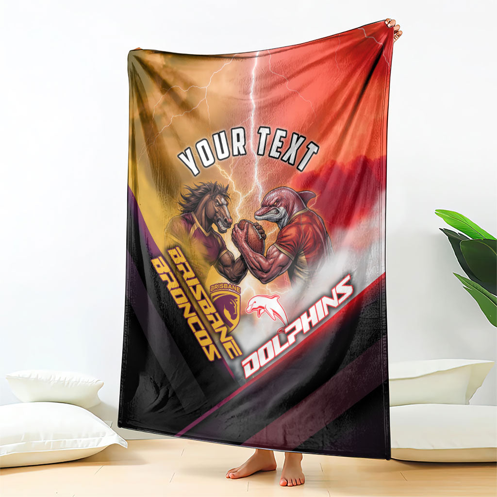 Personalized Brisbane Broncos vs Dolphins Blanket Battle Epic Lightning Storm Mascot