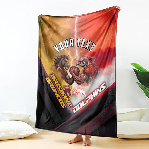 Personalized Brisbane Broncos vs Dolphins Blanket Battle Epic Lightning Storm Mascot