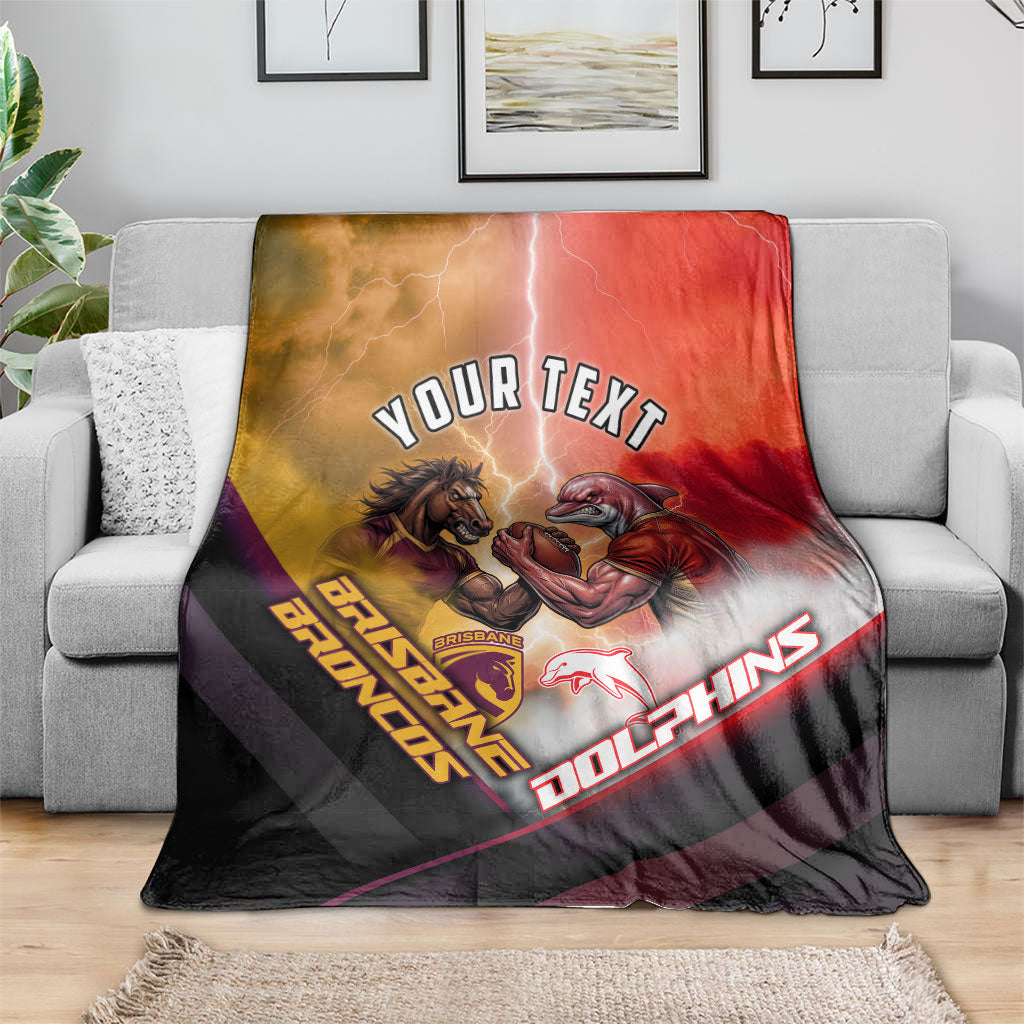 Personalized Brisbane Broncos vs Dolphins Blanket Battle Epic Lightning Storm Mascot
