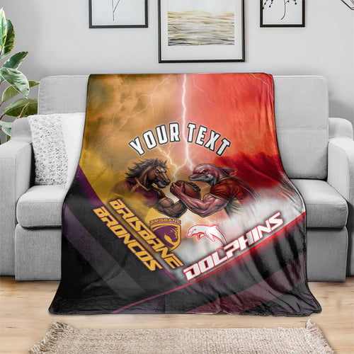 Personalized Brisbane Broncos vs Dolphins Blanket Battle Epic Lightning Storm Mascot