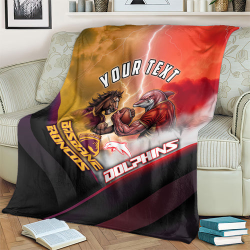 Personalized Brisbane Broncos vs Dolphins Blanket Battle Epic Lightning Storm Mascot