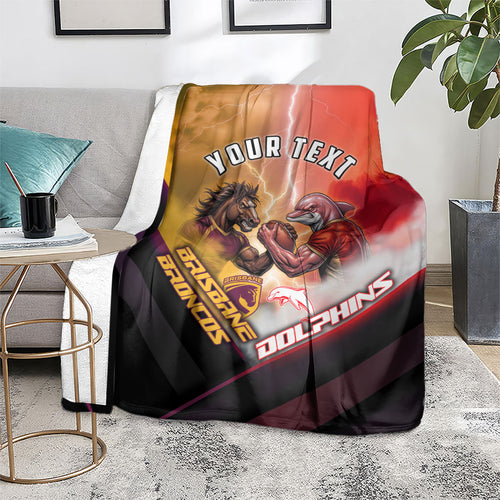 Personalized Brisbane Broncos vs Dolphins Blanket Battle Epic Lightning Storm Mascot