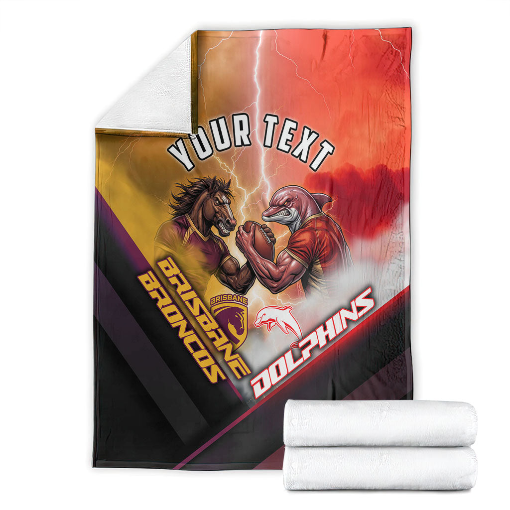 Personalized Brisbane Broncos vs Dolphins Blanket Battle Epic Lightning Storm Mascot