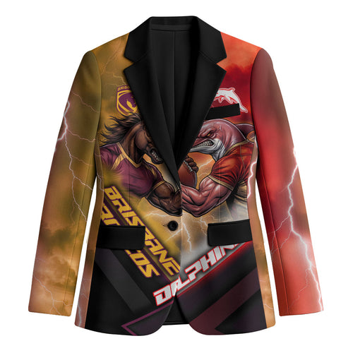 Personalized Brisbane Broncos vs Dolphins Blazer Battle Epic Lightning Storm Mascot