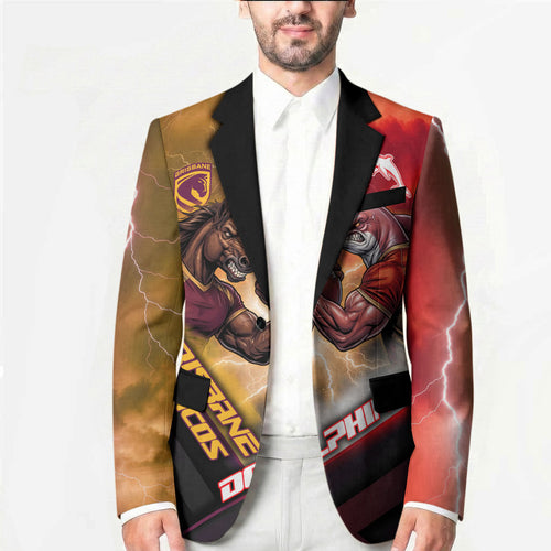 Personalized Brisbane Broncos vs Dolphins Blazer Battle Epic Lightning Storm Mascot