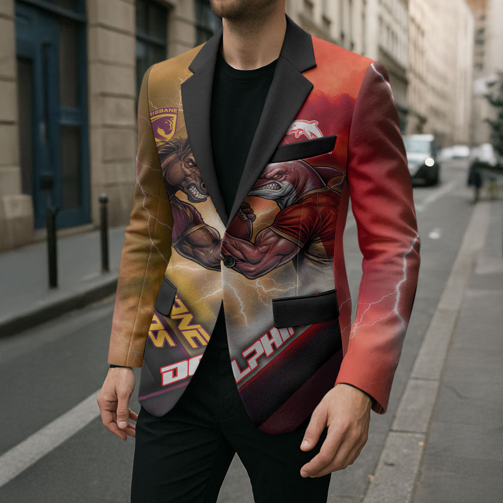 Personalized Brisbane Broncos vs Dolphins Blazer Battle Epic Lightning Storm Mascot