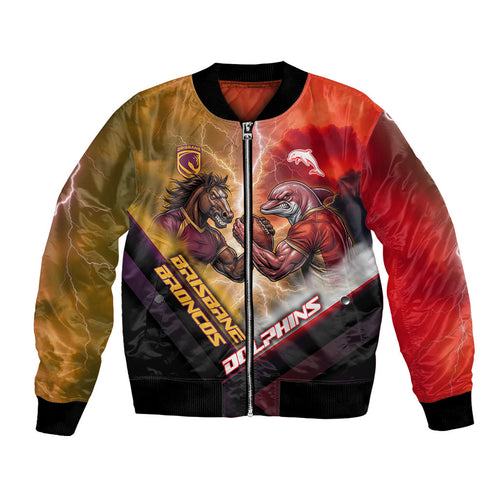 Personalized Brisbane Broncos vs Dolphins Bomber Jacket Battle Epic Lightning Storm Mascot
