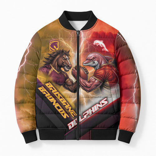 Personalized Brisbane Broncos vs Dolphins Bomber Puffer Jacket Battle Epic Lightning Storm Mascot